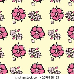 Flores de cerezo rosa blanca de fondo amarillo vectorial y flores de sakura en flor de cerezo. Fondo de patrón sin problemas