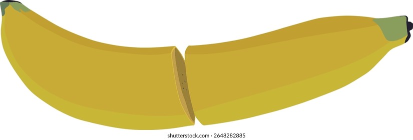 A vector of a yellow banana with a green stem, cut in half.