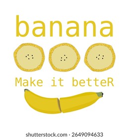 A vector of a yellow banana with a green stem, cut in half.piece and text for t-shirt style.