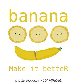 A vector of a yellow banana with a green stem, cut in half.piece and text for t-shirt style