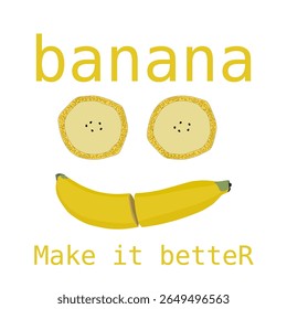 A vector of a yellow banana with a green stem, cut in half.piece and text for t-shirt style