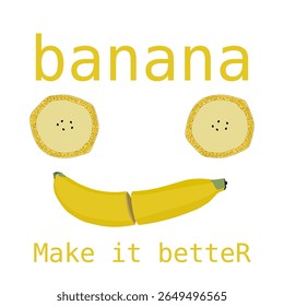 A vector of a yellow banana with a green stem, cut in half.piece and text for t-shirt style
