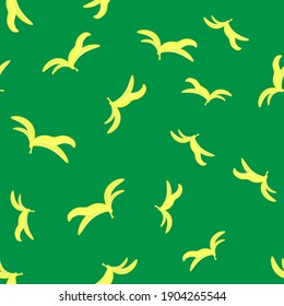 Vector Yellow Banana Skin Seamless Pattern Isolated on Green Background.