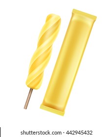 Vector Yellow Banana Spiral Popsicle Lollipop Ice Cream Fruit Juice Ice on Stick with Yellow Plastic Foil Wrapper for Branding Package Design Close up Isolated on Background