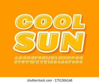 Banner de color amarillo vectorial Cool Sun con fuente de moda. Letras y números alfabetos modernos