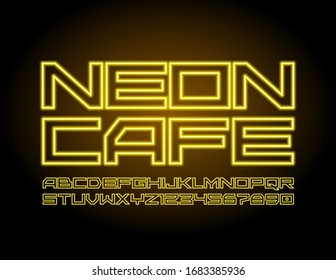 Banner amarelo vetor Neon Cafe. Fonte moderna da moda. Letras e Números Alfabetos Iluminados