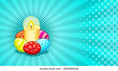 Vector Yellow beeswax candle with easter eggs on a blue pop art Background with radial lines and dots