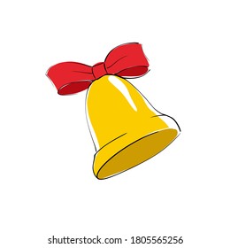 Vector yellow Bell icon With red Bow Knot Ribbon On White Background. Flat Icon For A Website, App, Or Design Product. Christmas decorations.