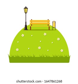 Vector yellow bench and a street light on a round green lawn. Romantic card with a yard. Cartoon meadow