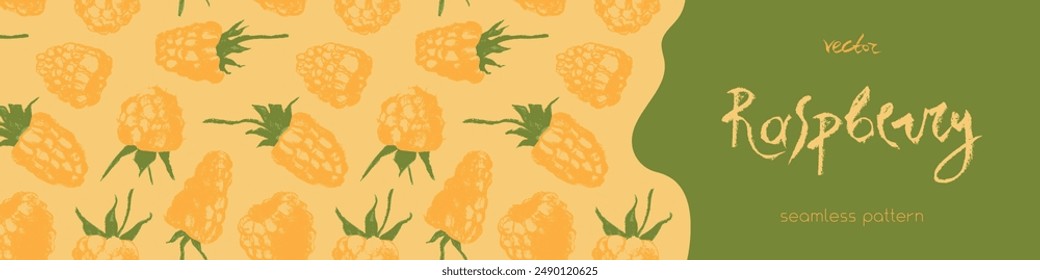 Vector yellow berries banner with drawings of raspberries. Natural cosmetic label. Raspberry backdrop for healthy food shop. Botanical background for herbal medicine. Hand drawn berry illustrations.
