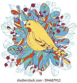 vector yellow bird at background with leaves and berries, autumn twigs and songbird, hand drawn natural  illustration