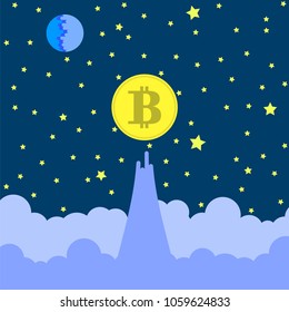 Vector Yellow Bitcoin Icon on Starry Blue Sky Background