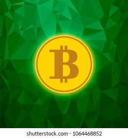 Vector Yellow Bitcoin Icon on Green Polygonal Background. Crypto Currency Concept