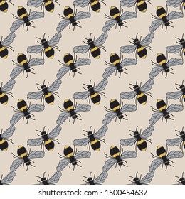 Vector Yellow and Black Bees on Beige Brown Seamless Repeat Pattern