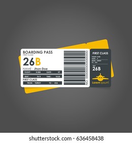 Vector Yellow and Black Modern Airline boarding pass tickets isolated on grey background