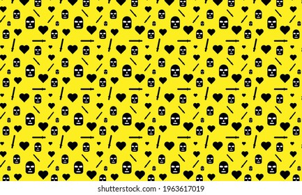 Patrón amarillo y negro vectorial. Un patrón impecable con corazón negro, palo policial y máscaras negras.