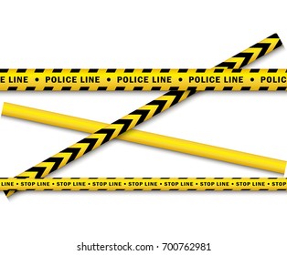 vector yellow black police tape set. Flat cartoon isolated illustration on a white background. Yellow danger tape with black stripes enclosing for forensics, investigators.