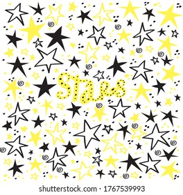 Vector yellow and black stars pattern. Sparkle golden silhoette shapes with lettering. Twinkle stardust.