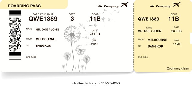 Vector yellow, black and white illustration of boarding pass ticket. Isolated on white background.