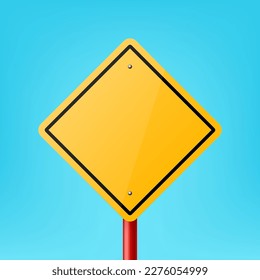 Vector Yellow Blank Diamond Shaped Road Sign Frame Icon Closeup on Blue Background. Road Pointer Plate Design Template, Front View