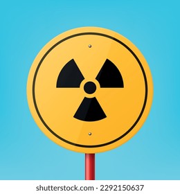 Vector Yellow Blank Round Road Sign Frame with Radiation Sign, Icon, Nuclear Warning Symbol Icon Closeup on Blue Background. Road Pointer Plate Design Template, Front View