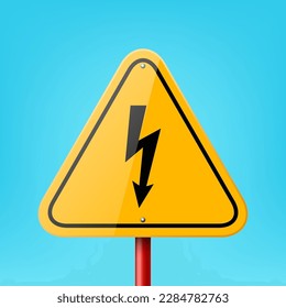 Vector Yellow Blank Triangle Road Sign Frame with Lightning Icon, Electricity, Electrical Voltage Warning Symbol Icon Closeup on Blue Background. Road Pointer Plate Design Template, Front View