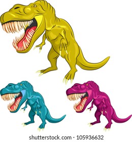 vector yellow, blue, magenta Tyrannosaurus is  in a threatening posture with sharp teeth and claws