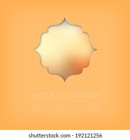 Vector yellow blurry cut out badge with inner shadow. Smooth and soft unfocused photographic background. Vintage retro frame. Greeting card design template.
