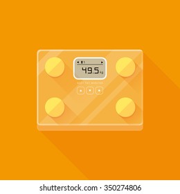 vector yellow BMI machine, body fat monitor, weighing scale / tempered glass, transparent / modern flat design / long shadow / on orange