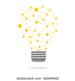 Vector Yellow Bright Geometric Light Bulb With Lines And Dots.