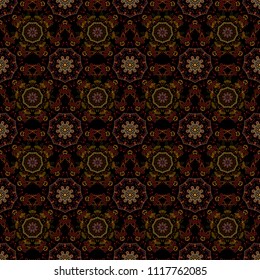 Vector yellow, brown and red snowflakes on black background. Abstract minimal seamless pattern background.