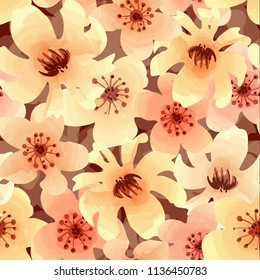 Vector yellow brown watercolor pattern: seamless print with flowers. Digital ornamental art for fabrics, wallpapers, wrapping paper and greeting cards. Floral blossom background