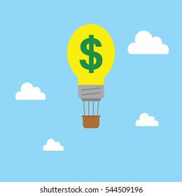 Vector yellow bulb balloon with dollar symbol and brown basket on cloudy blue sky.