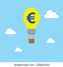 Vector yellow bulb balloon with euro symbol and brown basket on cloudy blue sky.