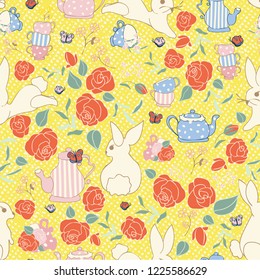 Vector Yellow Bunny Tea Party Seamless Pattern Background. Perfect for fabric, scrapbooking, wallpaper projects.