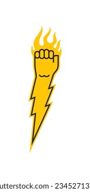Vector yellow burning hand symbol. Lightning. Isolated on white background.