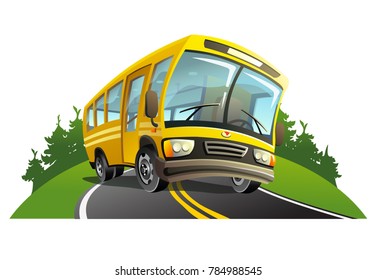 Vector yellow bus on forest background