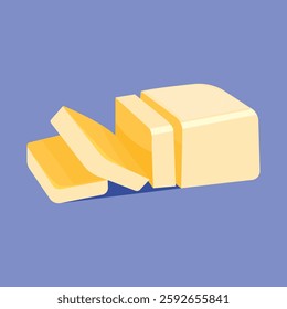 Vector yellow butter bar with slices on white porcelain plate, organic farm nutrition. Fresh dairy milk product. Creamy healthy piece of tasty briquette.
