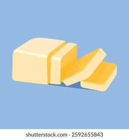 Vector yellow butter bar with slices on white porcelain plate, organic farm nutrition. Fresh dairy milk product. Creamy healthy piece of tasty briquette.