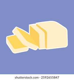 Vector yellow butter bar with slices on white porcelain plate, organic farm nutrition. Fresh dairy milk product. Creamy healthy piece of tasty briquette.