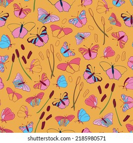 Vector yellow butterflies mixed together with stamen seamless pattern background. Perfect for fabric, wallpaper, projects.