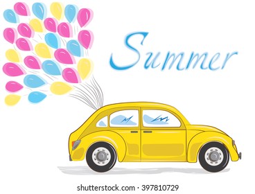 vector yellow car with colorful balloons on white background. happy graphic card