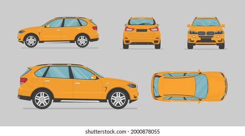 Vector yellow car. Side view, front view, back view, top view. Cartoon flat illustration, car for graphic and web