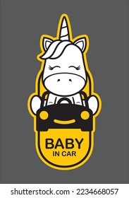 Vector yellow car sign with text BABY IN CAR and cartoon unicorn. Car sticker.