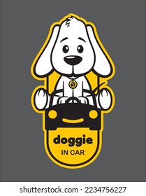 Vector yellow car sign with text DOGGIE IN CAR and cartoon doggie. Car sticker