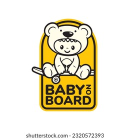 Aviso de autoadhesivo de coche amarillo vector de un niño en el auto. Imagen de un niño con un disfraz de oso de peluche sentado en una patineta y el texto de BABY ON BOARD. Aislado sobre fondo blanco