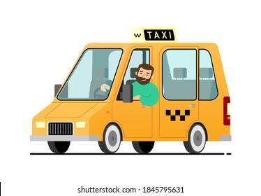 vector yellow car Taxi with bearded man driver; with The Checkers or Top Light Box on the roof, clear glass. Modern flat vector illustration isolated. Driver's side door.