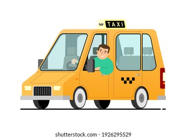 vector yellow car Taxi with a young male driver; with The Checkers or Top Light Box on the roof, clear glass. Modern flat vector illustration isolated. Driver's side door.