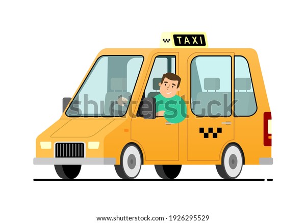 vector yellow car Taxi with\
a young male driver; with The Checkers or Top Light Box on the\
roof, clear glass. Modern flat vector illustration isolated.\
Driver\'s side door.