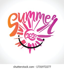 Vector yellow card Summer 2020. Rays of the sun, an handwritten calligraphy design. Stylish seasonal logo Summer.